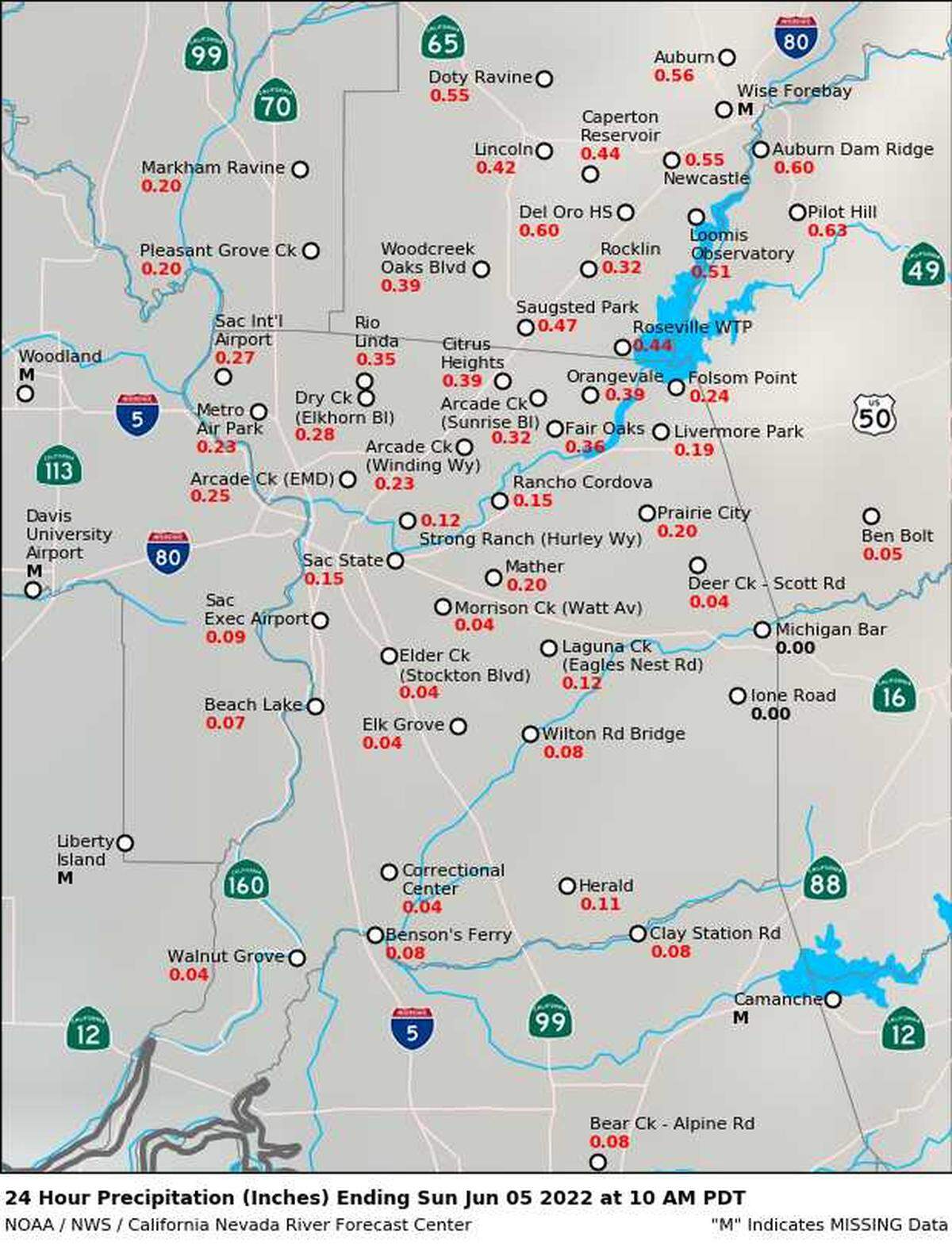 Rainfall totals in the Sacramento region through 10 a.m. Sunday, June 5, 2022.