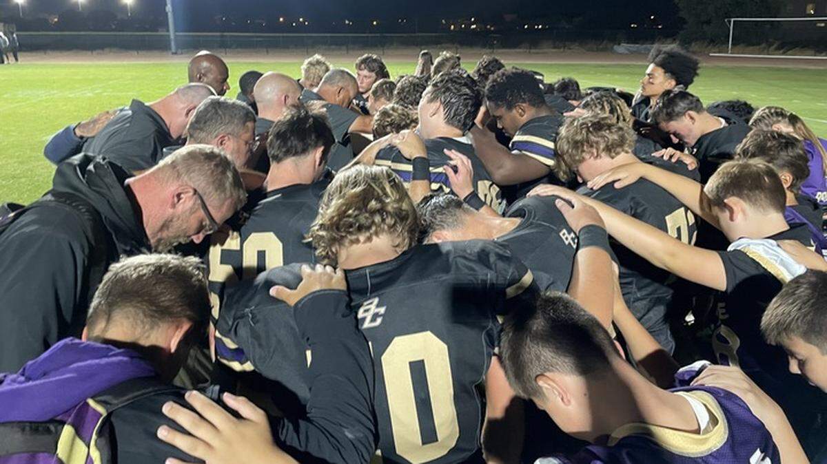 The Bradshaw Christian Pride in their postgame huddle and prayer. The Pride defeated Woodland Christian in Friday’s season opener, 27-6.