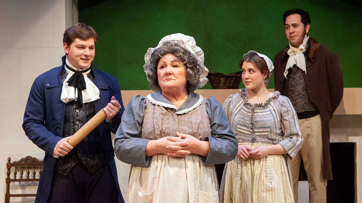 From left, Noah Thompson, Stephanie McVay, Kate Morton and Rob Salas deliver entertaining comedic performances in Capital Stage’s “The Wickhams: Christmas at Pemberley.”