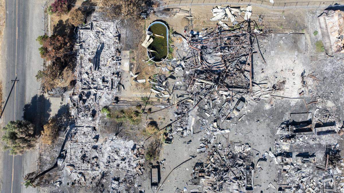 An aerial view of the area of the former Esparto fireworks company that burned down in early July on Thursday, Sept. 11, 2025.
