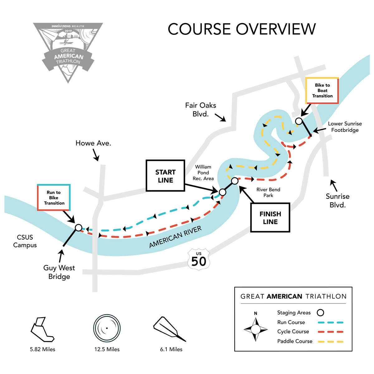 Great American Triathlon 2022 race course. Athletes start their run at the William B. Pond Park.