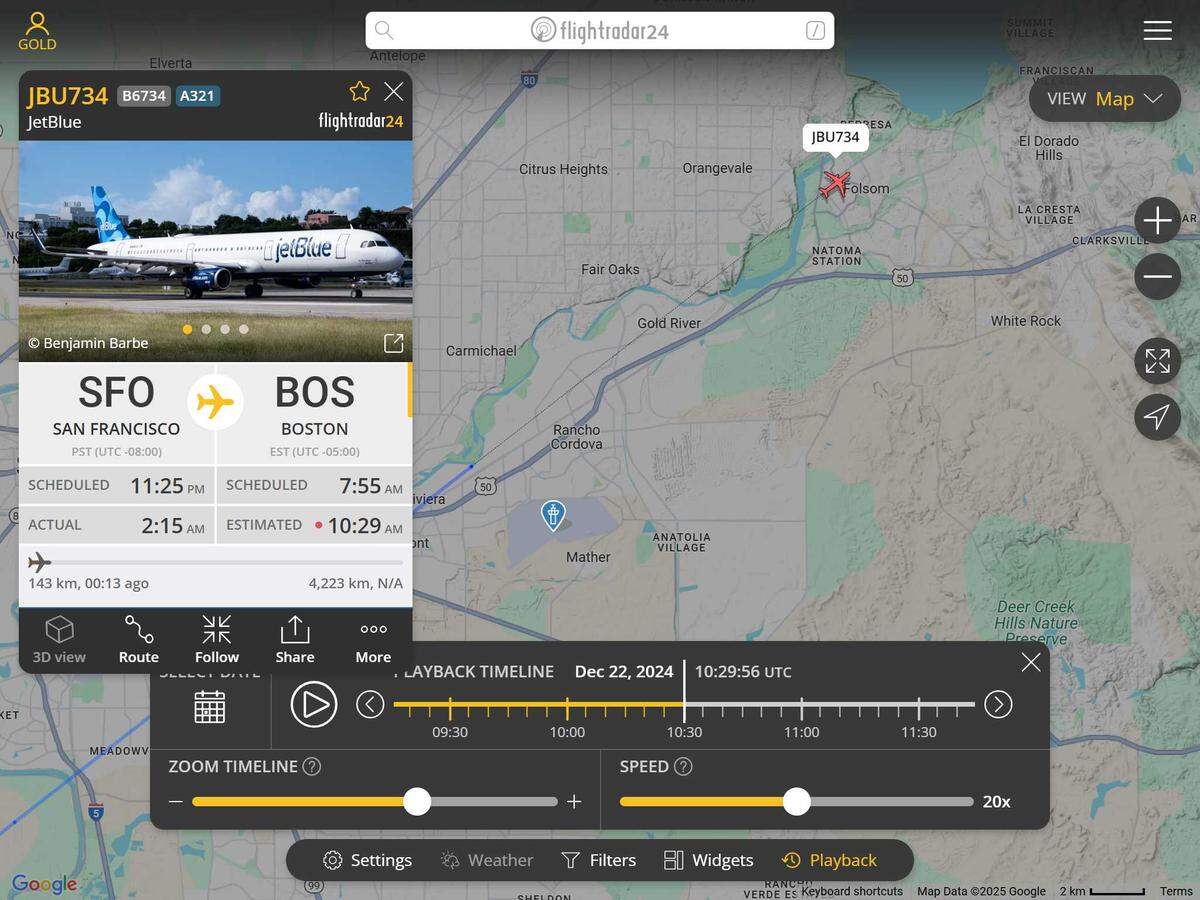 An image taken from FlightRadar24 shows the flight path of JetBlue Flight 734, which flew over the Folsom area on Dec. 22, 2024, at 3:29 a.m. The flight coincided with one of more than 1,900 noise complaints submitted by a single Folsom resident last year targeting Mather Airport operations. The JetBlue flight, the only plane in the area at the time with publicly available data, was flight from San Francisco to Boston at an altitude of 23,000 feet, according to flight data.