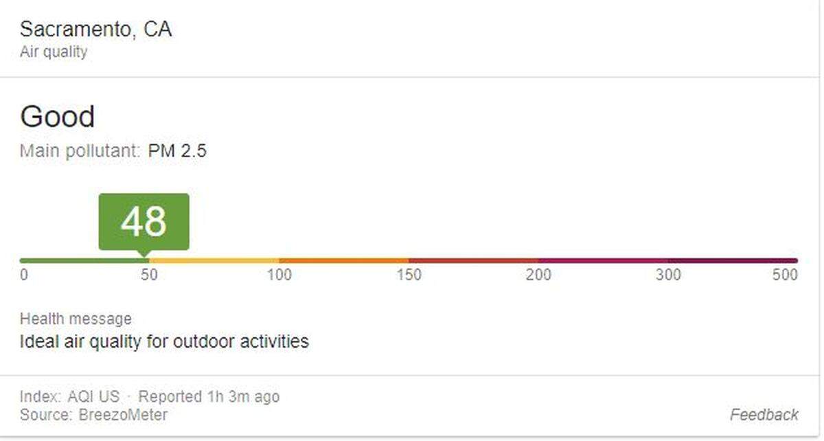 Air quality result for Sacramento on Google, Tuesday, July 7, 2018.