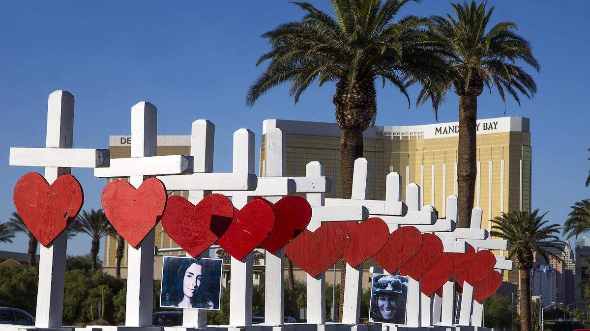 Oct 5, 2017; Las Vegas, NV, USA; Artist Greg Zanis of Aurora, Illinois, constructed 58 crosses and drove across the country, arriving in Las Vegas Thursday afternoon, October 5, 2017, to install them on Las Vegas Blvd to honor the people killed in the mass shooting. Americans are increasingly numb to mass shootings. Credit: Tom Tingle/The Arizona Republic via USA TODAY NETWORK