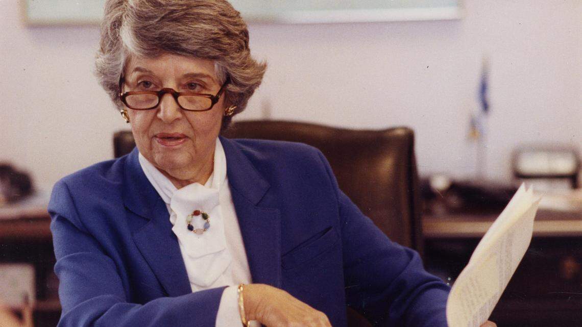 Mayor Anne Rudin tries to finish some work in 1991 before leaving on a two-week trip to China and Japan.