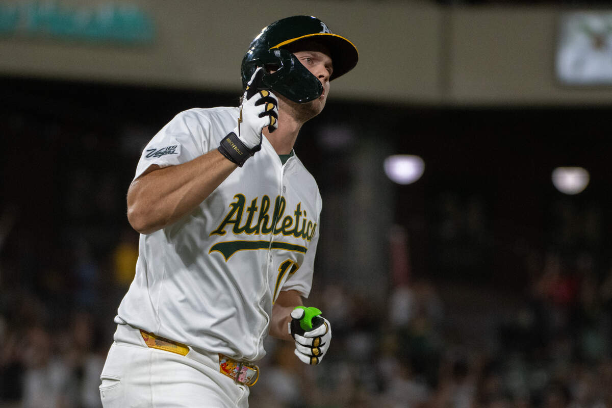 Athletics first baseman Nick Kurtz hits a three-run home run in the eighth inning during a game against the Los Angeles Angels at Sutter Health Park on Friday in West Sacramento.