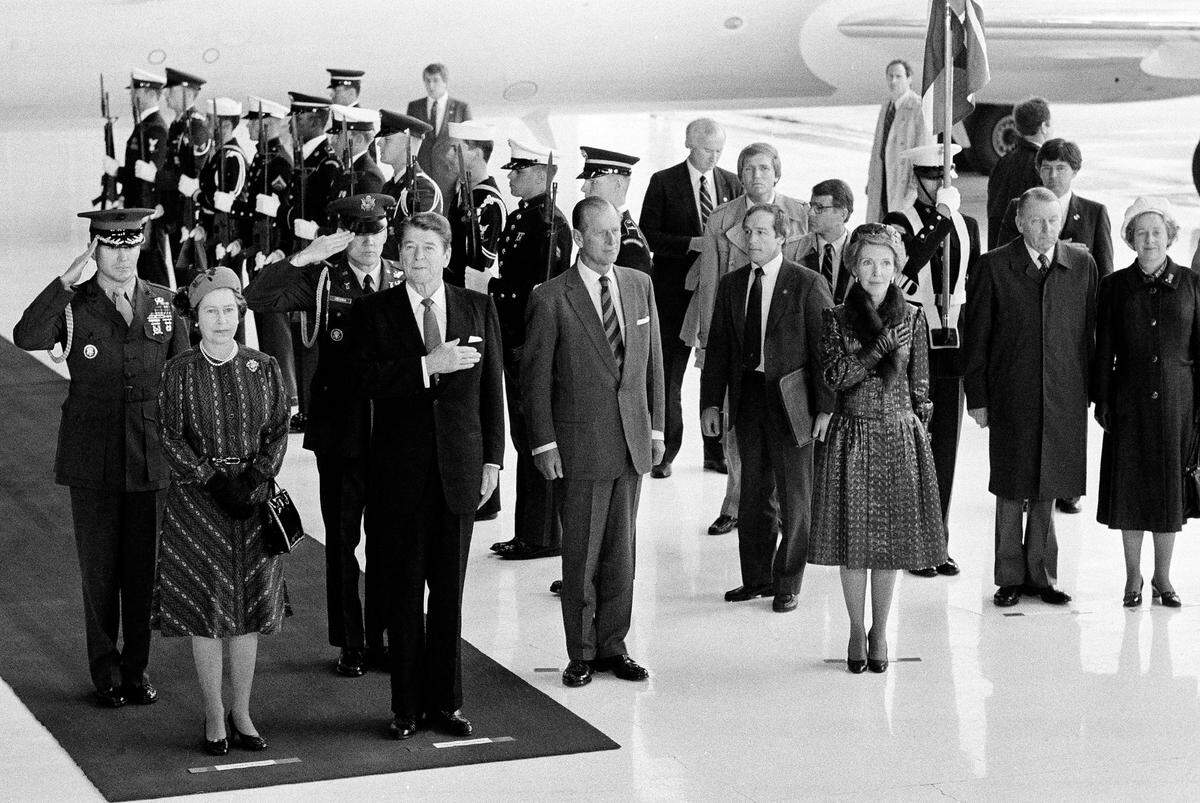 President Ronald Reagan, first lady Nancy Reagan and Queen Elizabeth II and her husband Prince Philip, Duke of Edinburgh, stand as the National Anthem of the United States is played, March 1, 1983, in Santa Barbara, Calif. President Reagan departed his mountain-top retreat to meet the Queen who is touring the western United States.