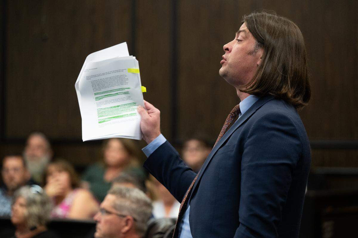 Benson’s family attorney Dustin Collier addresses Judge Mark Aralphs on Friday about evidence for the plea deal for administrator Cindy Keller, principal Staranne Meyers and teacher Kimberly Wohlwend of the now-closed Guiding Hands School in the 2018 restraint death of a student, Max Benson, at the El Dorado Superior Court in Placerville. 
