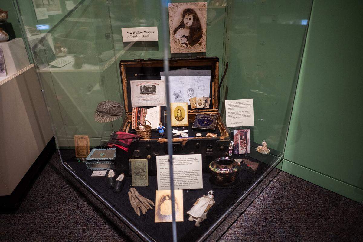 A chest containing items belonging to May Woolsey, who died in 1879 at age 12, is on display at the Sacramento History Museum on March 27, offering insight into her life and the history of that time period.