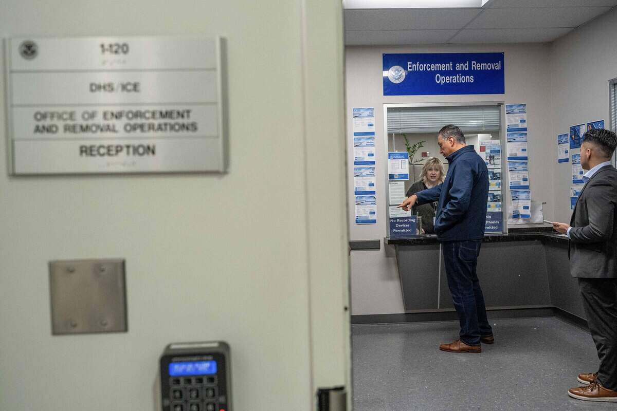 Sen. Alex Padilla waits inside the John E. Moss Federal Building to request a tour of the ICE Enforcement and Removal Operations Detention Center and to monitor conditions inside Thursday. He was allowed to tour, even though he didn't notify them in advance.