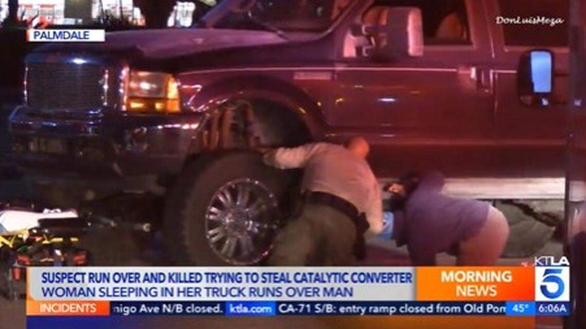 A woman sleeping in her SUV was awakened by an accused catalytic converter thief and ran him over,  killing him, California police say.