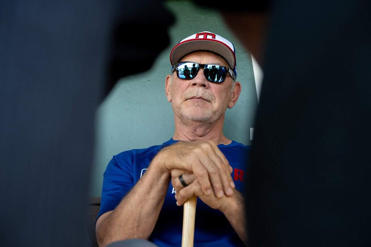 Texas Rangers Manager Bruce Bochy talks with media before a game at Sutter Health Park on Tuesday, April 22, 2025, in West Sacramento.