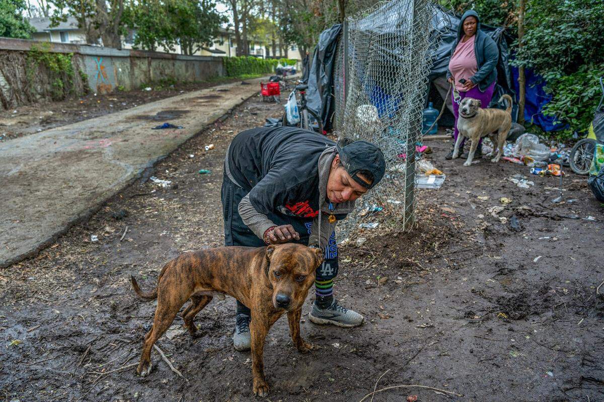 Regina Camacho, 41, pets her dog Malice while Elizabeth Williams, 37, visits Camacho’s dog Goliath at her encampment on March 19 in South Natomas. Both women, who say they already have a hard time finding housing with their pets, were arrested and jailed in February. They now worry about having a record and feel the arrest for camping has hurt their chances of getting housed.