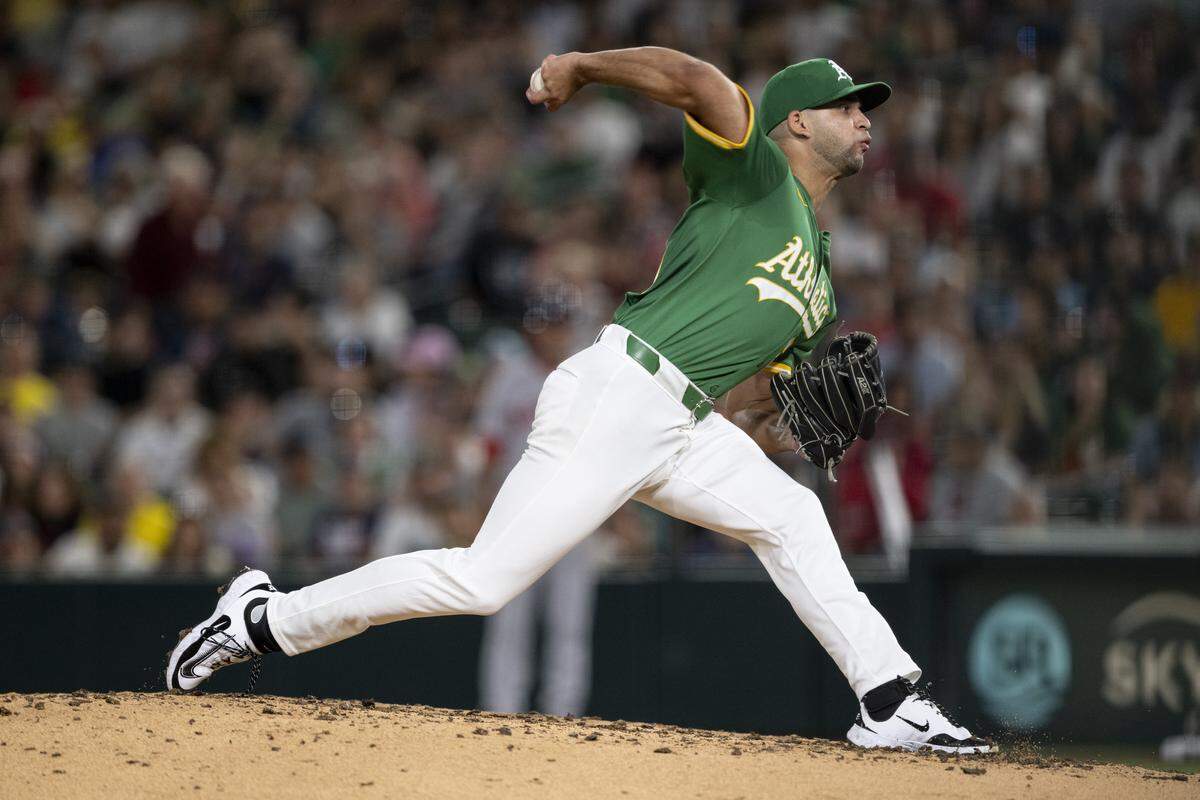 Athletics pitcher Luis Morales (58) throws a pitch during a game between the Athletics and the Red Sox at Sutter Health Park in West Sacramento on Monday, Sept. 8, 2025.