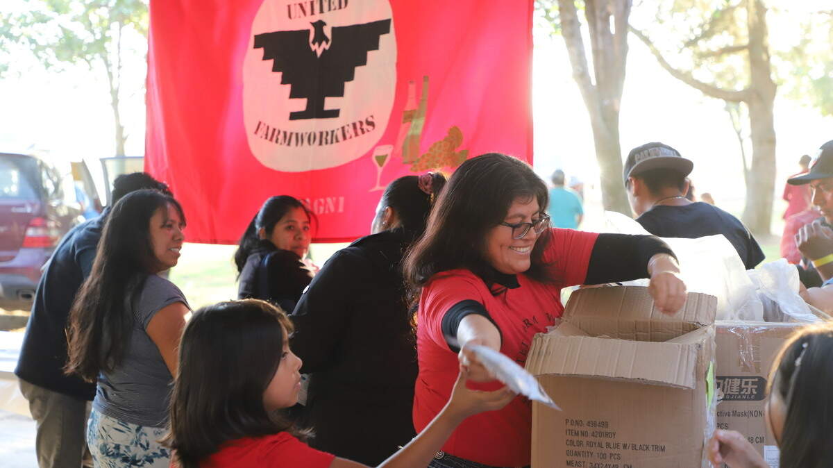 La senora Veronica Mota, una miembra de la Union De Campesinos (UFW) repartindo mascarillas el 5 de noviembre en el Madera Sunrise Rotary Sports Complex.