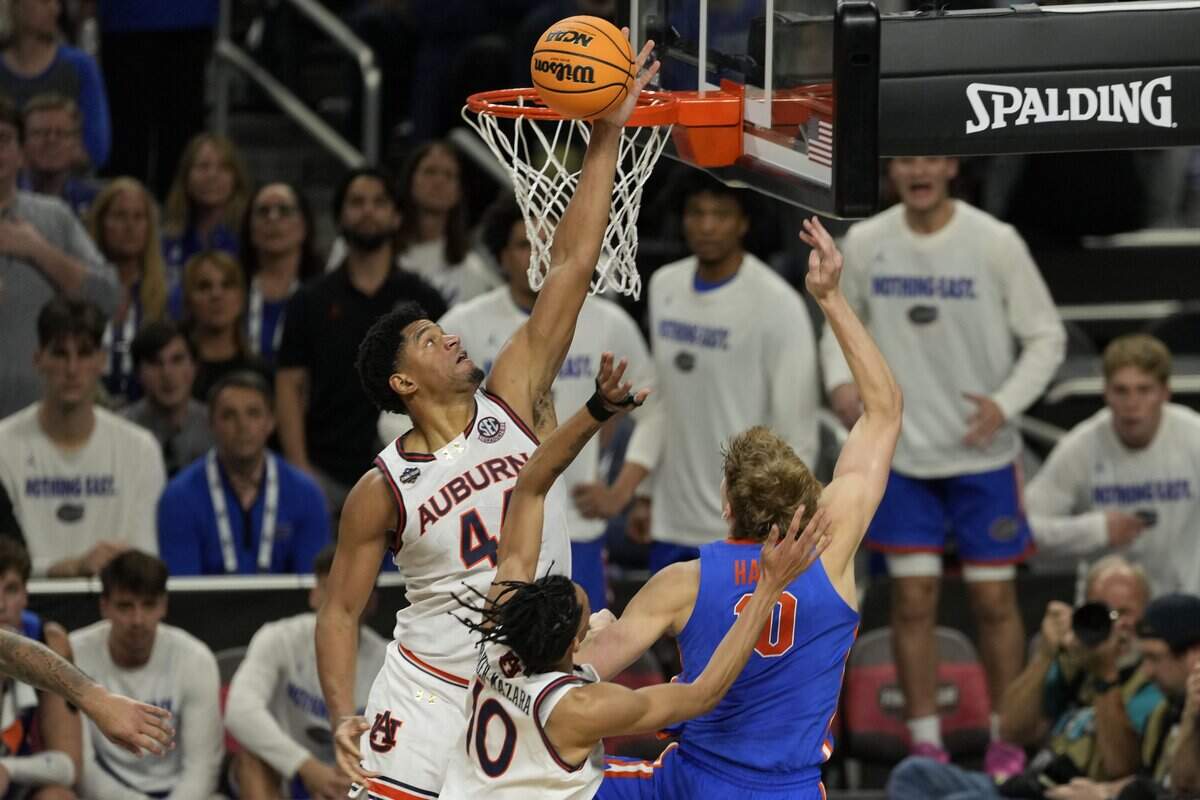 Apr 5, 2025; San Antonio, TX, USA; Auburn Tigers center Dylan Cardwell (44) grabs a rebound against the Florida Gators during the second half in the semifinals of the men's Final Four of the 2025 NCAA Tournament at Alamodome. Mandatory Credit: Scott Wachter-Imagn Images