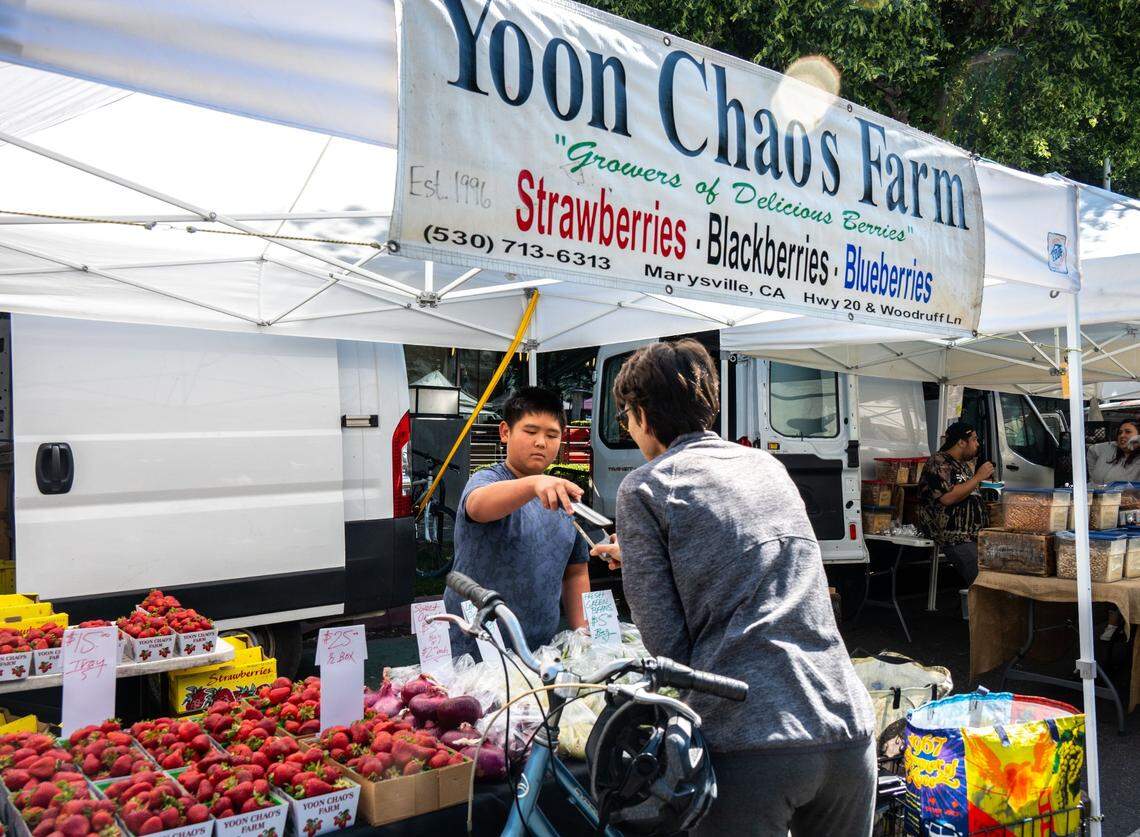 Channing Saechao, 13, accepts a payment from a customer buying produce at the Capitol Mall Farmers’ Market on Wednesday. Channing helps his father Nai, who is a vendor at the market.