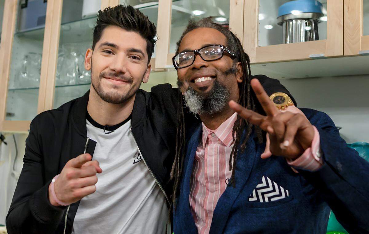 “Cooking on High” host Josh Leyva and show weed expert Ngaio Bealum, of Sacramento, share a moment on the set of the 2018 Netflix series, where cooks race to create THC-infused dishes.