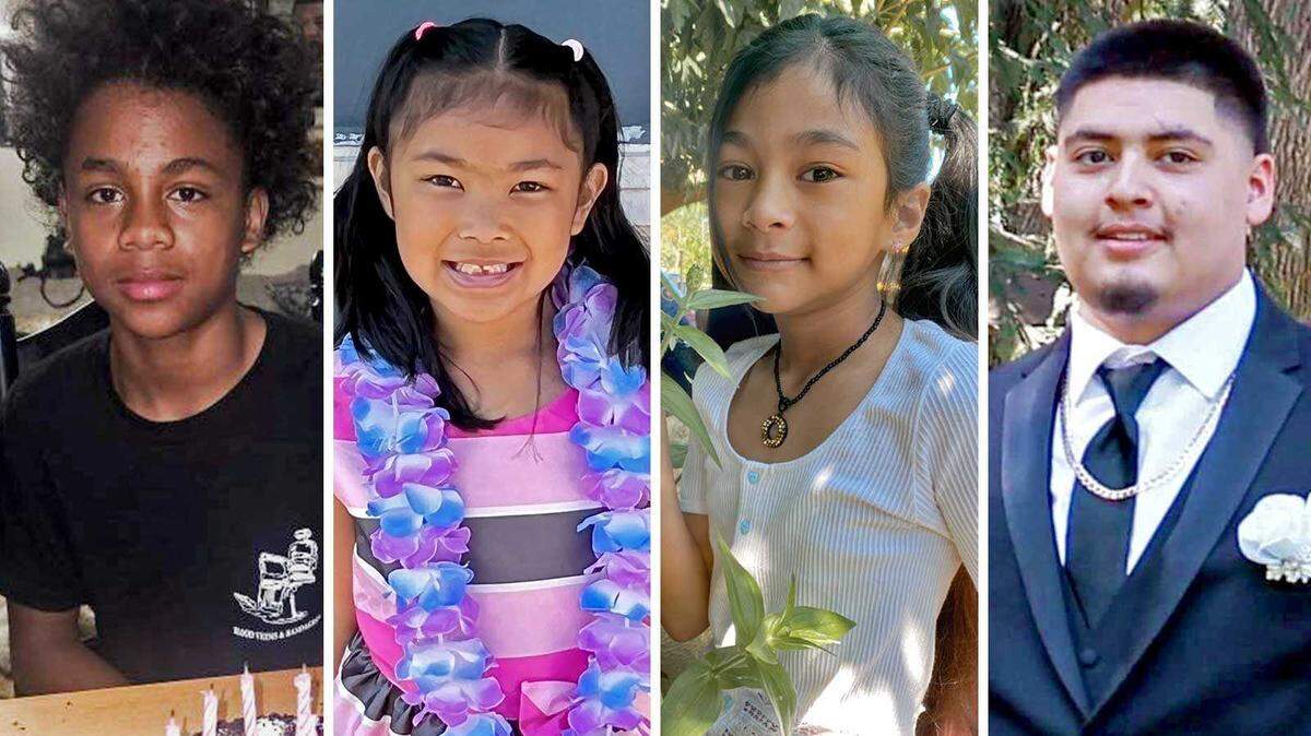 From left, Amari Peterson, Journey Rose Reotutar Guerrero, Maya Lupian and Susano Archuleta were killed in a mass shooting at a child’s birthday party in Stockton on Saturday, Nov. 29, 2025. The three children and young man were remembered by family and friends for their joy, promise and the lives they were only beginning to build.