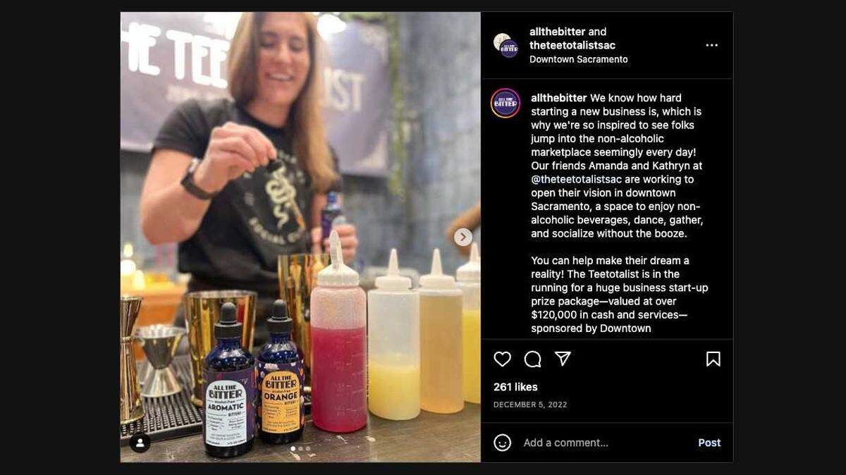 An Instagram post by All the Bitter promotes the opening of The Teetotalist in downtown Sacramento