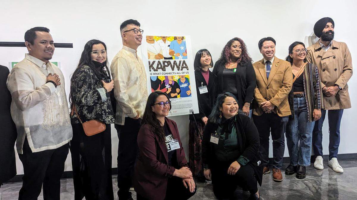 Sacramento Asian American community leaders and local Filipino artists gathered to launch the Laban Group’s 2024 ad campaign to combat anti-Asian hate in midtown on Saturday, Jan. 20, 2024.