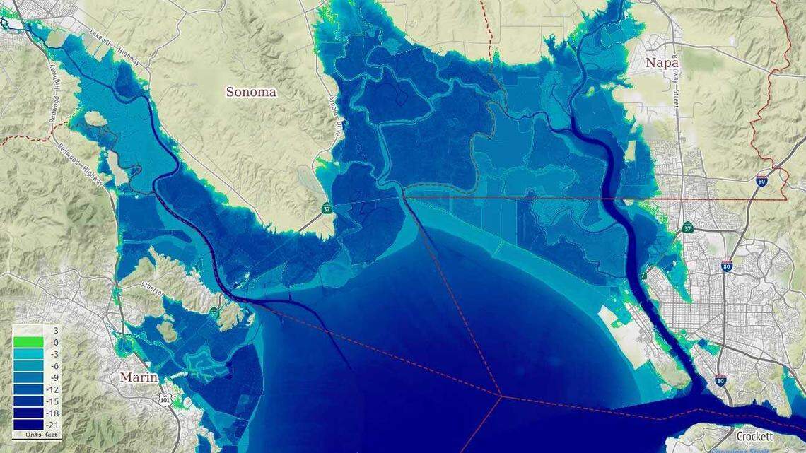 A projection from the UC Davis Road Ecology Center shows potential flooding along Highway 37 during a 100-year storm with 36 inches of sea level rise. Experts have warned that sections of the highway would be under several feet of water in such a scenario, yet the state’s current $500 million plan does not account for long-term sea level rise.