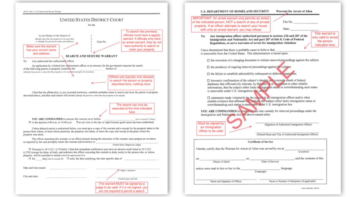 On the left is an image of a judicial warrant which allows a home or business to be searched. The right image is an administrative warrant — which lacks the same oversight. A recent ICE memo calls into question how much the agency is complying with the legal precedent.