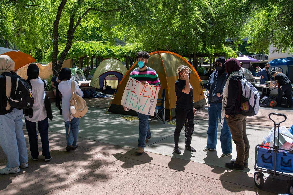 Pro-Palestinian activists set up tents on Monday, April 29, 2024 at Sacramento State to protest the war in Gaza. Students are asking the university to divest from investments in Israel.