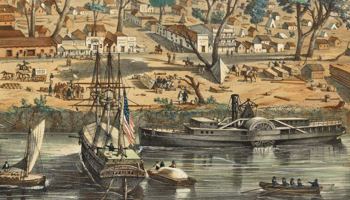 A steamboat is docked with other ships on the Sacramento waterfront in an 1850s lithograph illustrating the city. The steamboat Pearl, which exploded in 1855, could be of a similar design. 