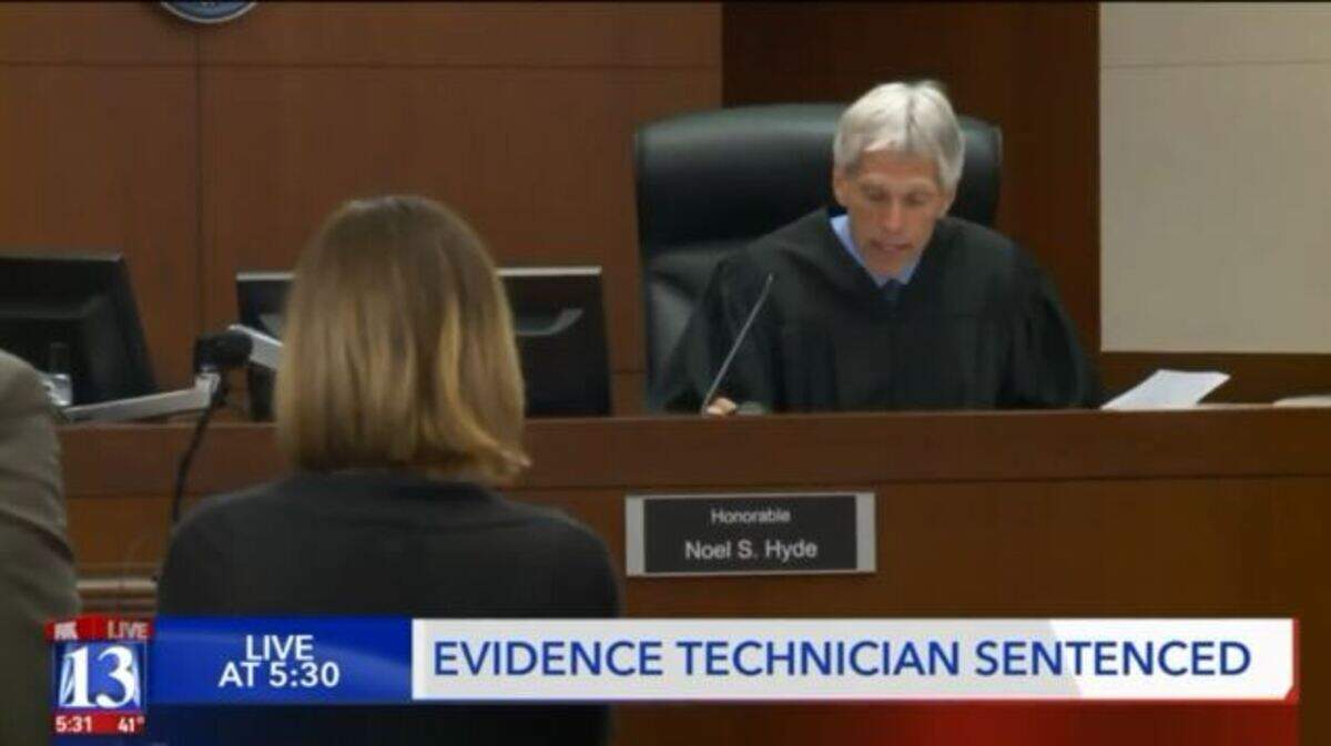 Judge Noel Hyde sentences Candice Barbara Follum, 48, a former jail evidence clerk who admitted eating meth seized in at least 20 cases while on the job, in an Ogden, Utah, courtroom in a screengrab from KSTU.