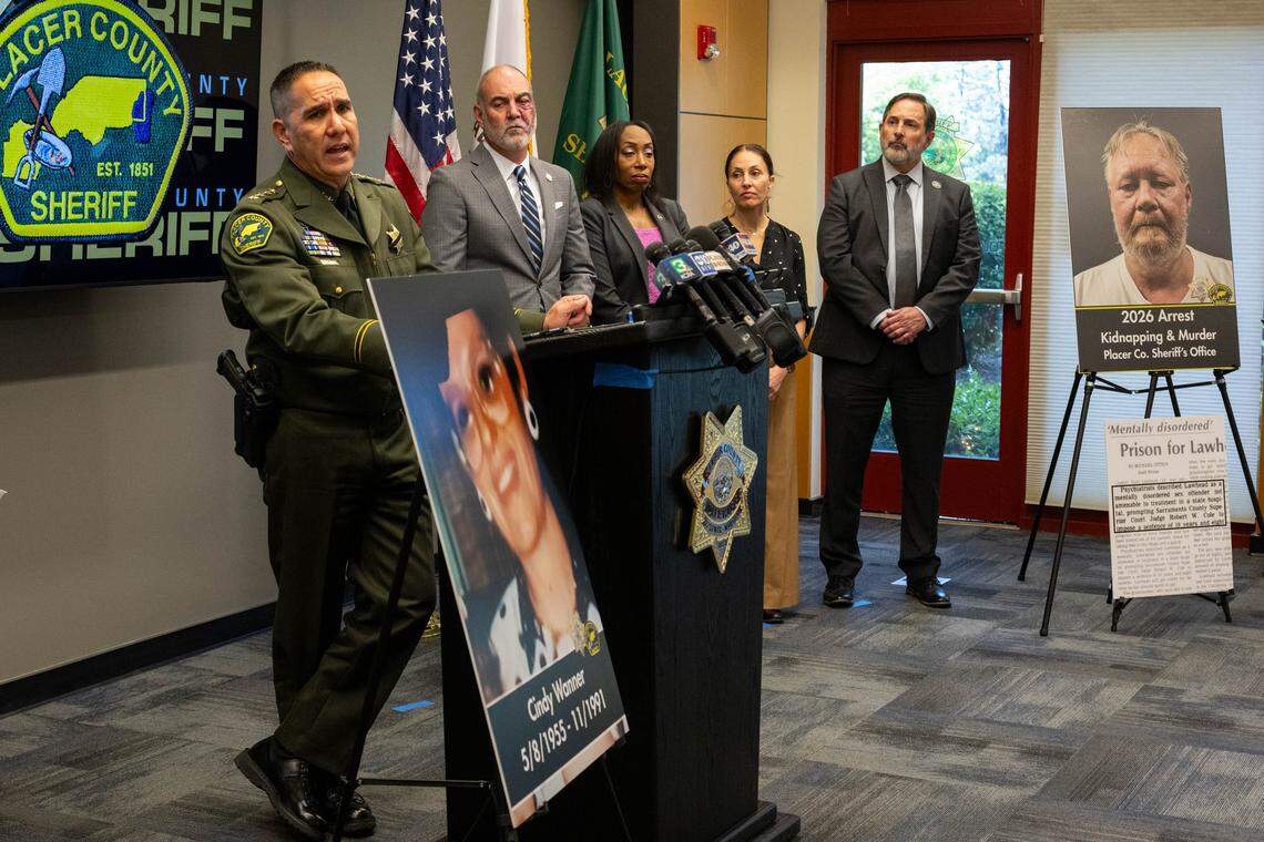 Placer County Sheriff Wayne Woo and officials announce the arrest of James Lawhead in a more than 30-year-old homicide investigation into the death of Cindi Wanner on Monday, April 27, 2026, in Auburn. Lawhead was arrested in Arizona after DNA evidence helped identify him in the cold case.