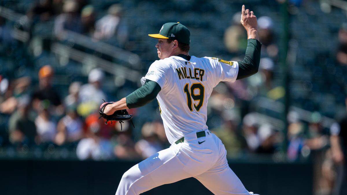 Athletics pitcher Mason Miller throws a pitch in the ninth inning during a baseball game against the Toronto Blue Jays at Sutter Health Park in West Sacramento on Sunday, July 13, 2025. Miller was the centerpiece in a 2025 trade deadline blockbuster between the A’s and San Diego Padres and will face his former team at his Padres home park for the first time this weekend.