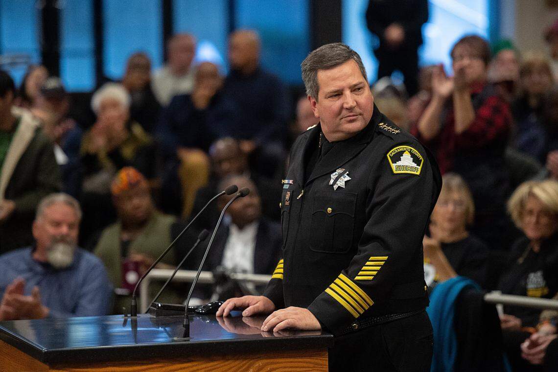 Sacramento Sheriff Scott Jones, shown speaking at a county Board of Supervisors meeting in 2018, was investigated by former Sacramento Sheriff John McGinness in 2004 over allegations that then-Capt. Jones was using his computer access to run criminal background checks for bail bondsmen in Sacramento.