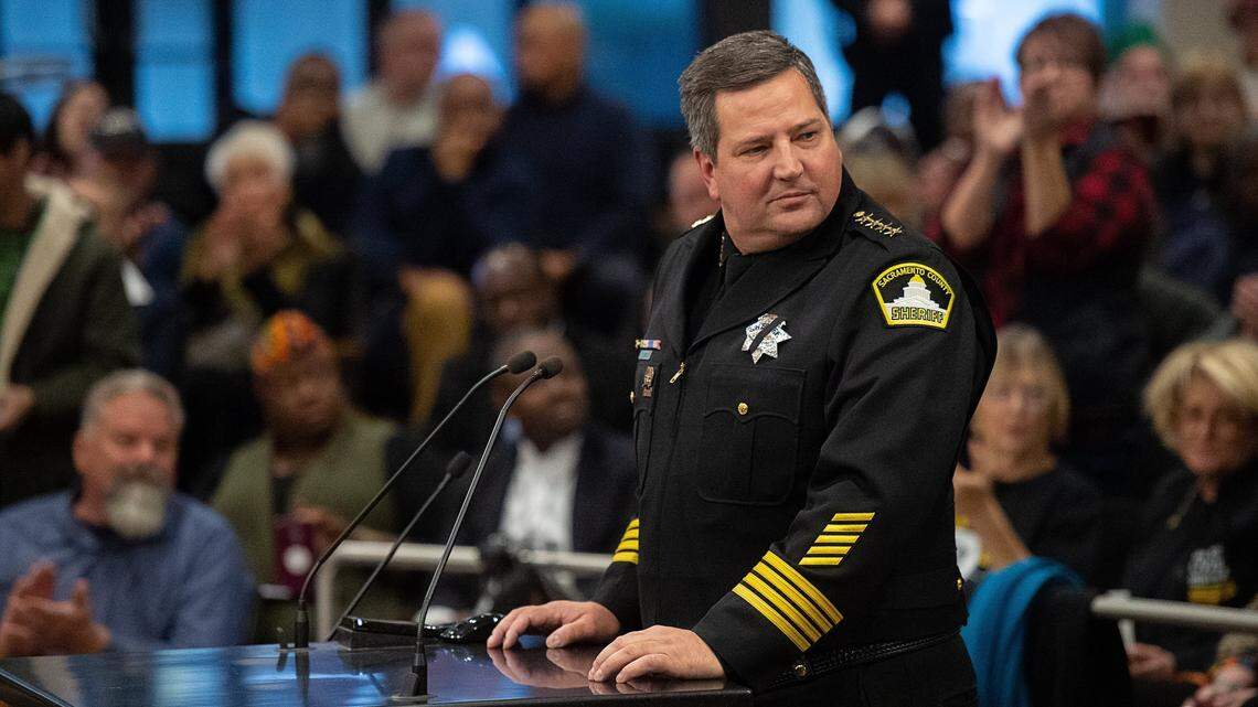 Sacramento Sheriff Scott Jones, shown speaking at a county Board of Supervisors meeting in 2018, was investigated by former Sacramento Sheriff John McGinness in 2004 over allegations that then-Capt. Jones was using his computer access to run criminal background checks for bail bondsmen in Sacramento.