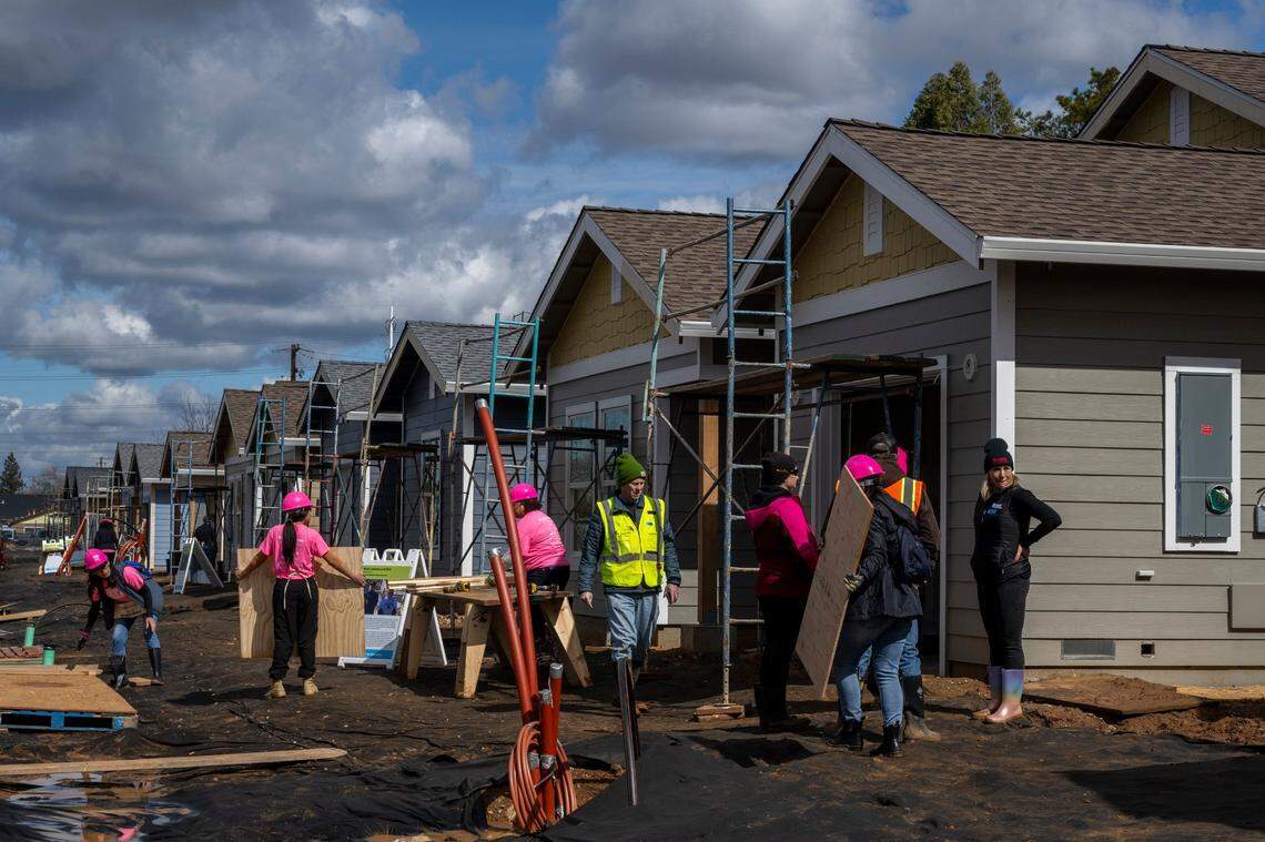 On International Women’s Day, female leaders and legislators volunteer as part of Habitat for Humanity’s 2023 women build event in Sacramento on Wednesday.