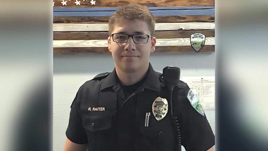 Officer Robert Raiter, seen in a 2018 promotion photo, claims in a federal lawsuit that Oroville’s police department was mired in a pattern of improper conduct that reached up the chain to then-Chief Joe Deal.