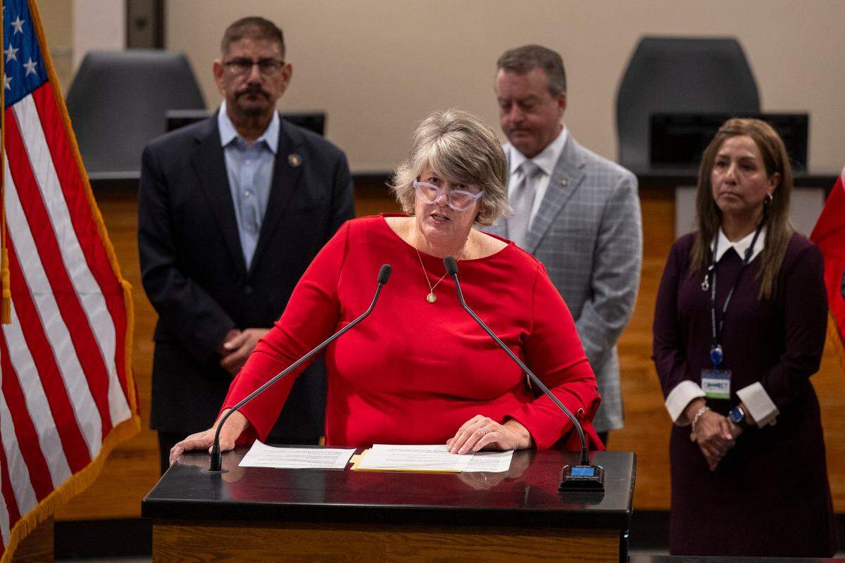 Sarah Aquino, mayor of Folsom, speaks at a news conference in downtown Sacramento on Tuesday in opposition to a bill by state Sen. Angelique Ashby, D-Sacramento, that would create a county homeless management agency.