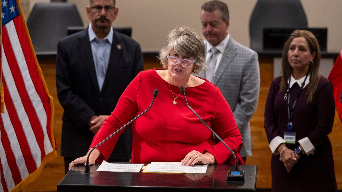 Sarah Aquino, former mayor of Folsom, speaks at a news conference in downtown Sacramento on Tuesday, July 15, 2025.