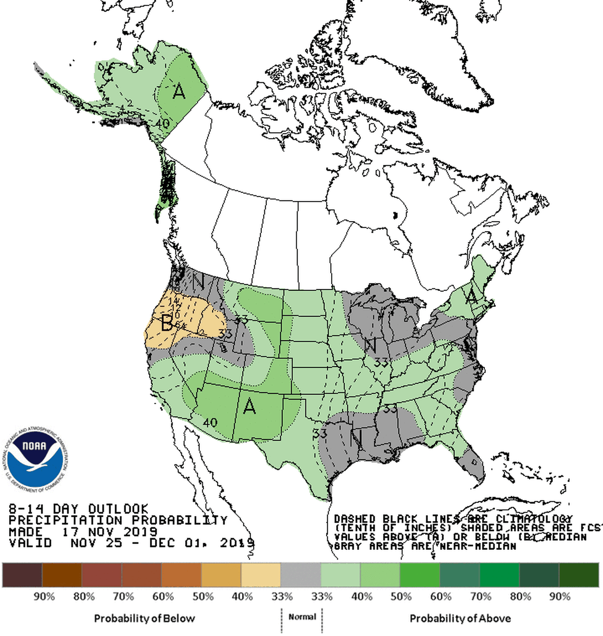 A long-range precipitation forecast map for Nov. 25 to Dec. 1 shows probabilities for below average, average and above average precipitation totals across the U.S.