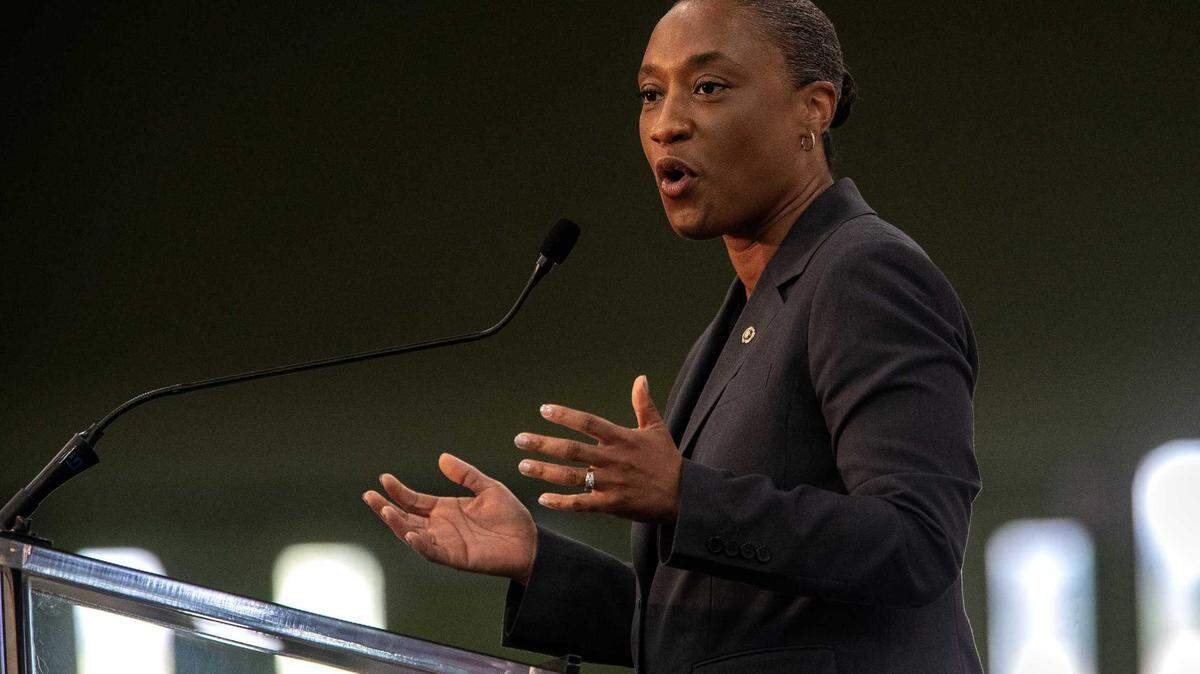 Sen. Laphonza Butler speaks in downtown Los Angeles in October during a celebration of the Roybal School of Film and Television.