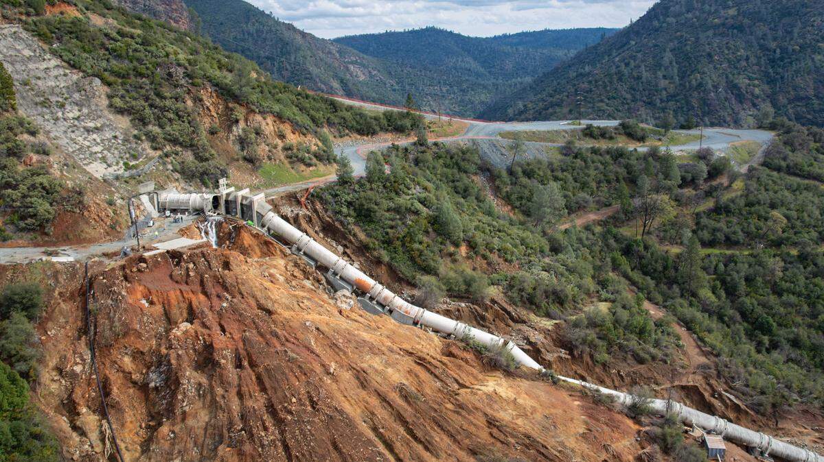 An aerial survey of Yuba Water Agency’s New Colgate Powerhouse, penstock and surrounding areas in Dobbins  following the failure of the agency’s penstock pipeline, which moves water from New Bullards Bar Dam and Reservoir to New Colgate Powerhouse on the North Yuba River.