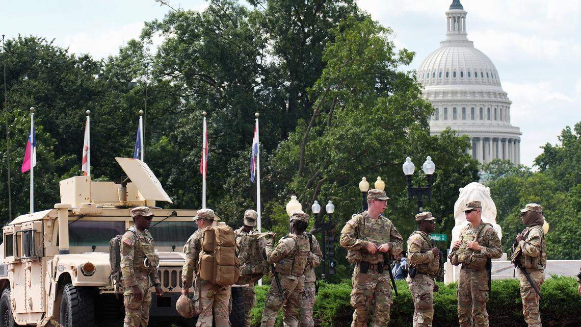 Members of the National Guard patrol near Union Station on Aug. 14, 2025, in Washington, D.C. Trump’s use of the military for domestic law enforcement is blatantly illegal and should be deeply disturbing to us all.