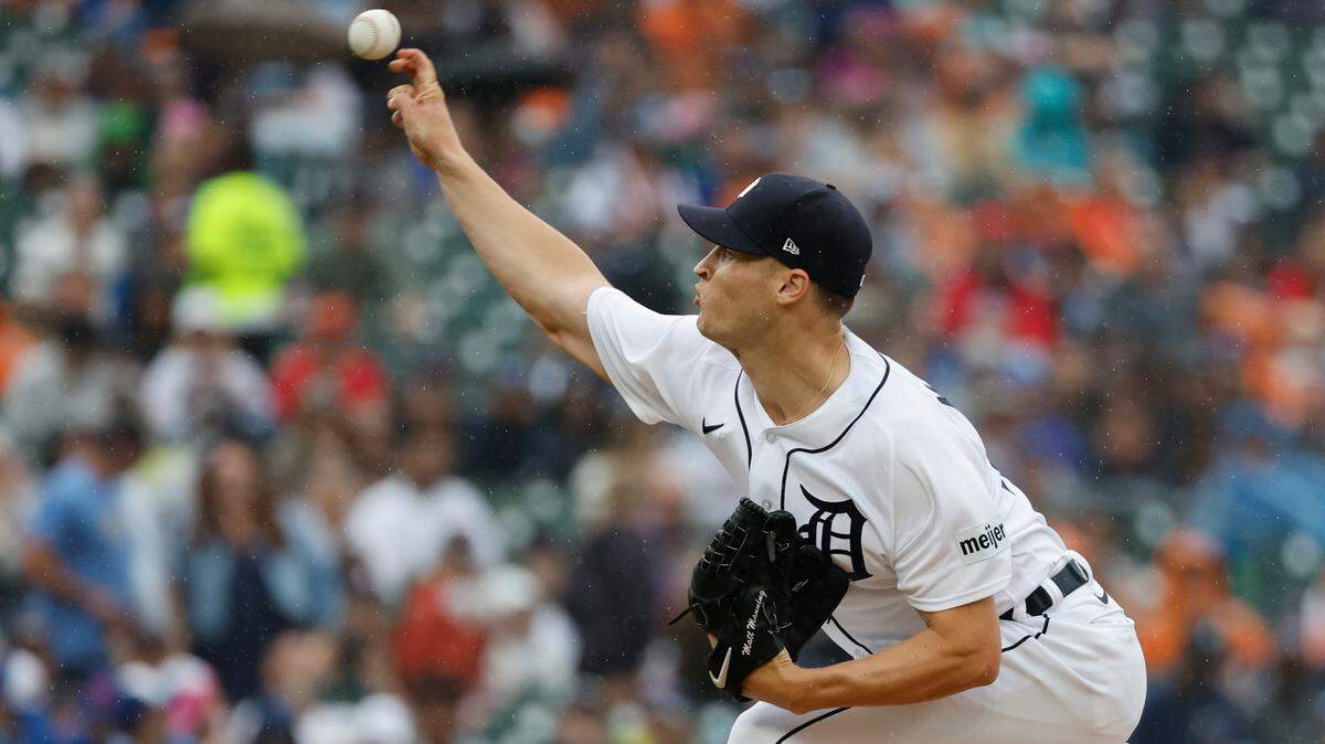 Detroit Tigers starting pitcher Matt Manning (25) pitches in the first inning against the Toronto Blue Jays on July 8, 2023, at Comerica Park in Detroit, Michigan