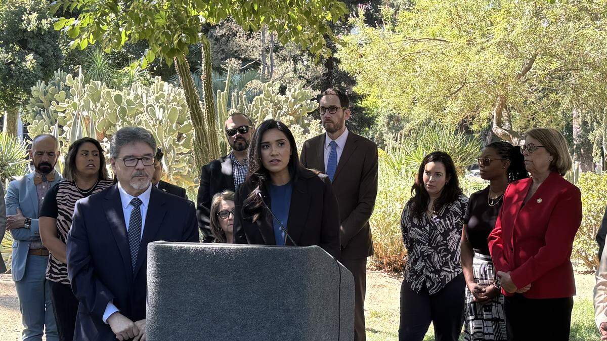 California State Sen. Sabrina Cervantes, D-Riverside, speaks during a news conference Monday, September 8, 2025. The state senator alleges officers retaliated against her and discriminated against her following a traffic incident on May 19, 2025.