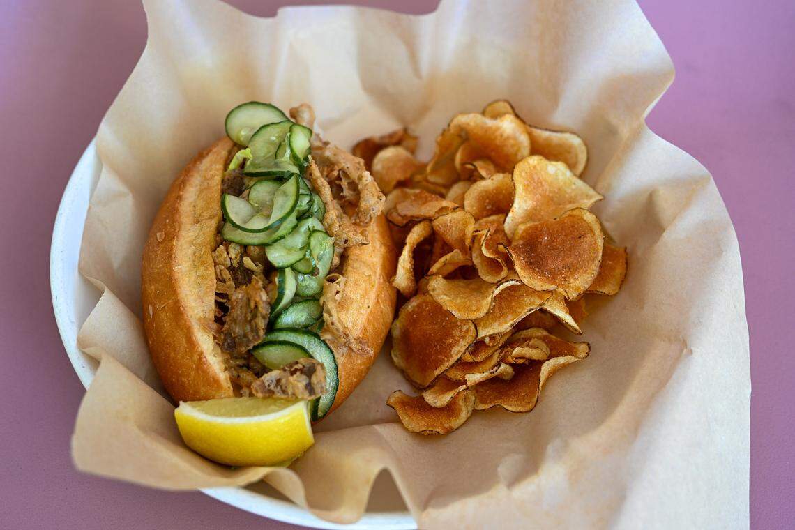 The oyster mushroom po’boy with iceberg lettuce, remoulade, coriander pickles, hot sauce and chips, is served earlier this month at Mother, a Sacramento vegetarian restaurant owned by chef Robb Venditti.