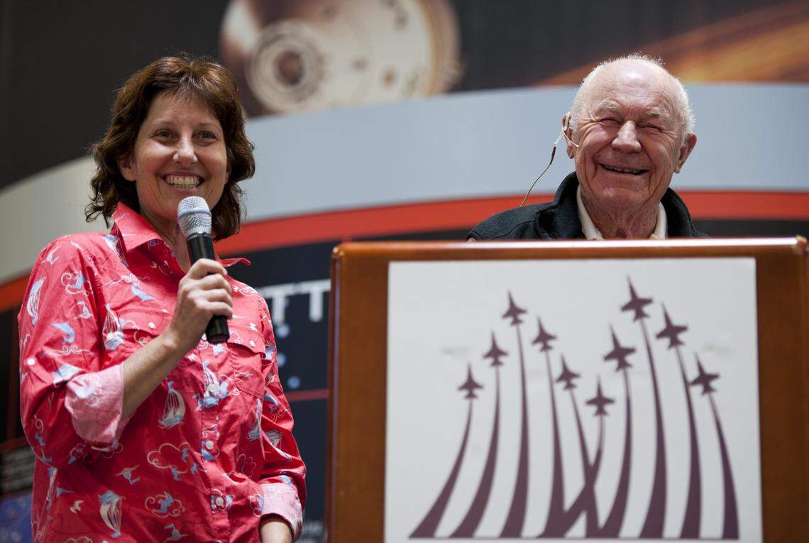 Gen. Chuck Yeager and his wife Victoria share his experiences with the audience and answer questions at the Aerospace Museum of California on June 12, 2011.