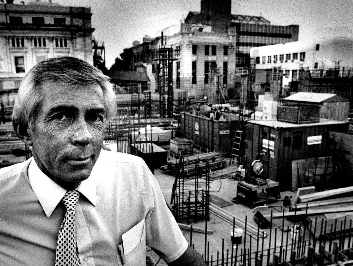 Sacramento Sheriff Robbie Waters stands at the construction site of the new jail on I Street between Sixth and Seventh streets on Nov. 7, 1985. The old jail is visible in the background.