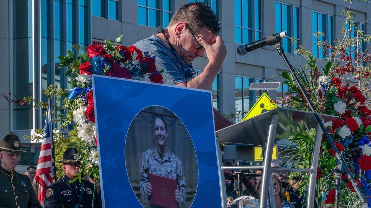 Richard Herrera, whose daughter Marine Sgt. Nicole Gee died in a bombing at Afghanistan’s Kabul airport, takes a moment to collect his thoughts while speaking at a community vigil in her honor in Roseville on Tuesday, Aug. 31, 2021. A 2016 Oakmont High School graduate, Nicole enlisted in the Marines a year after she graduated.