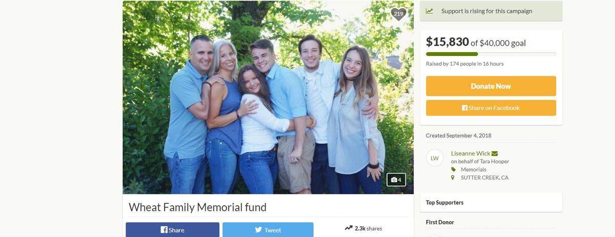 A GoFundMe page set up in 2018 shows the family of Brad and Mary Wheat, left, after the couple died in a murder-suicide in which Brad Wheat, a California Highway Patrol officer, shot and killed his estranged wife and himself.