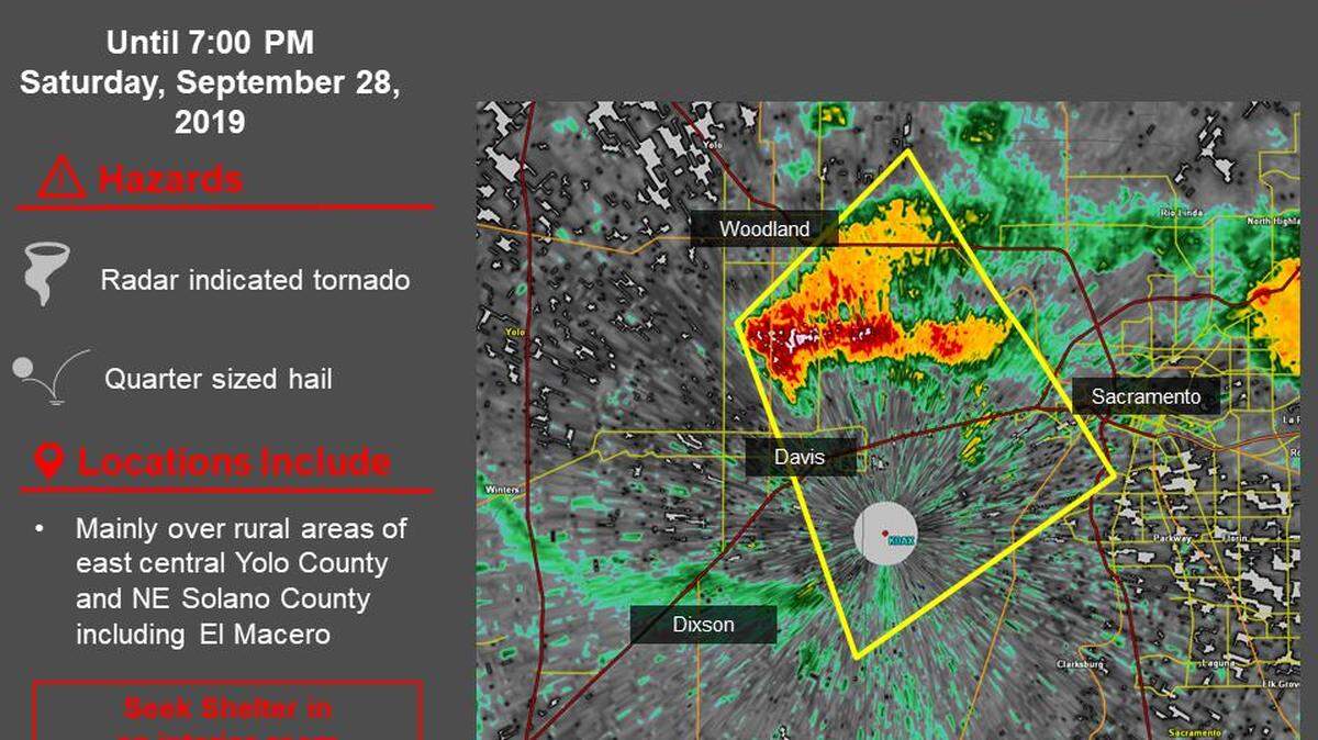 A tornado warning was issued Saturday evening for Yolo County by the National Weather Service, also warning of hail and lightning from the following thunderstorm.